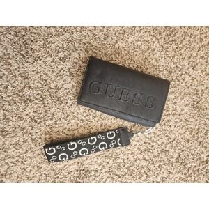 Guess Black Embossed Logo Wallet Wristlet Strap